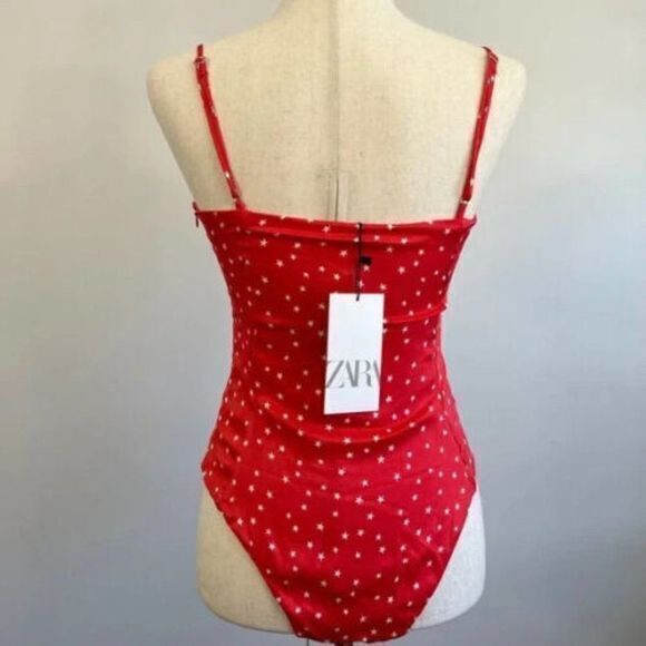 NEW Zara Satin Star Print Effect Red Adjustable Bodysuit‎ Top Womens Size L - Picture 5 of 5